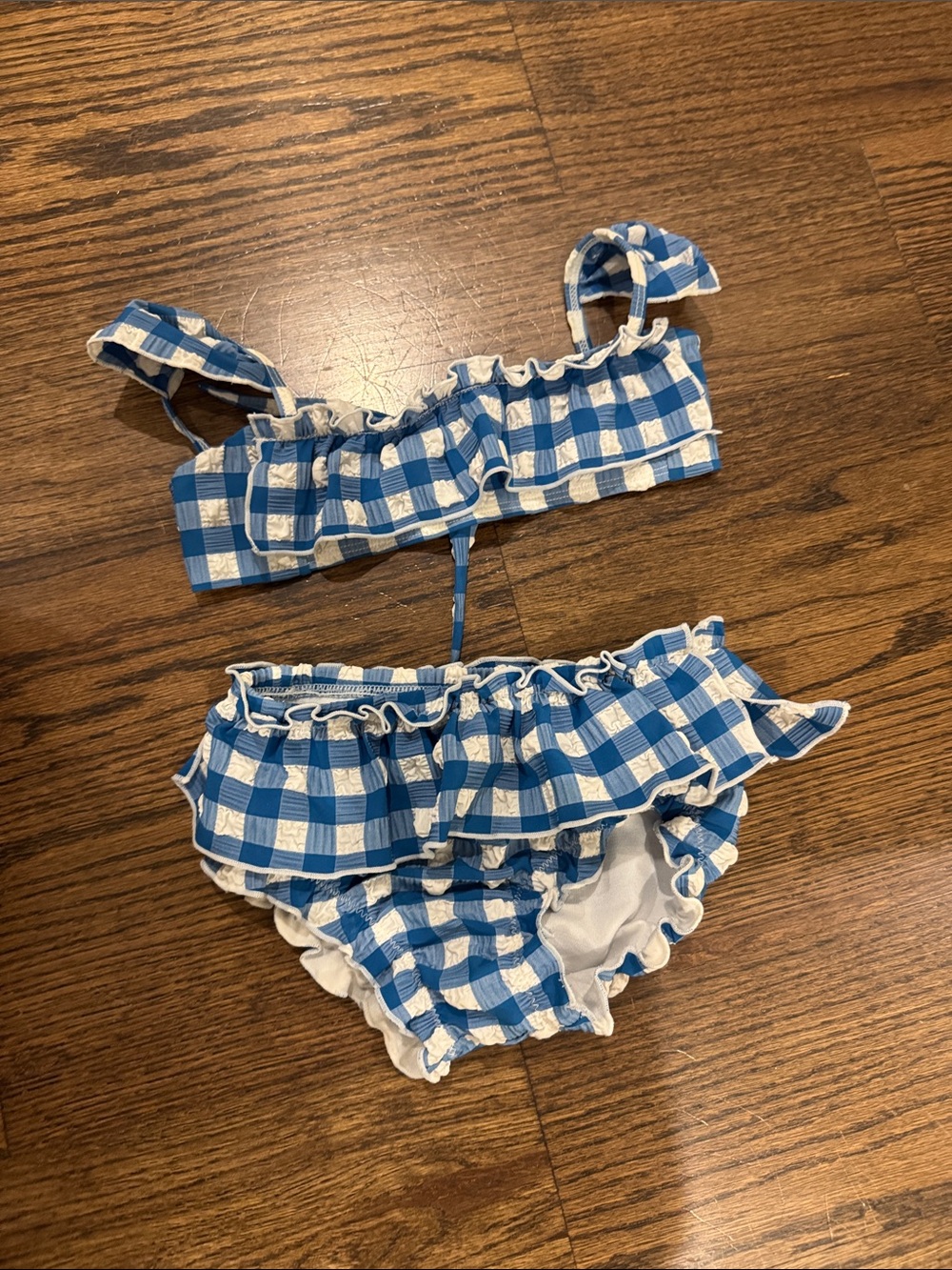 Montce Blue and White Gingham Ruffle Two-Piece Swim Set